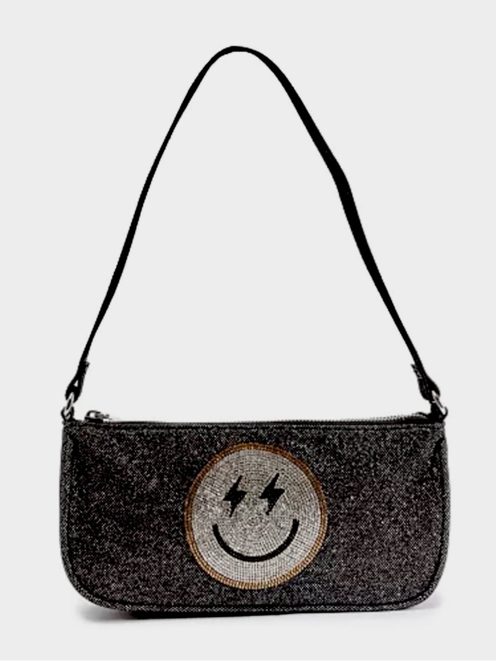 Black Sequin Smile Shoulder Bag with Lightning Eyes